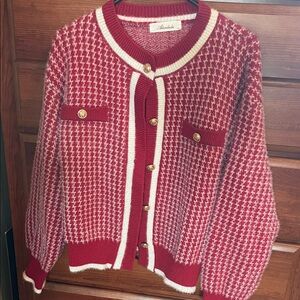 Red and White Houndstooth Knit Cardigan Sweater